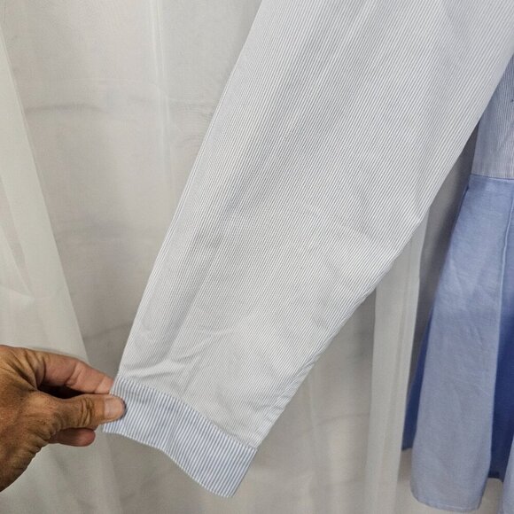 French Connection Blue Striped Button Blouse Peplum Preppy L - Picture 3 of 13